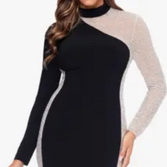 Xscape Black Nude Bead Detail Long Sleeve Body-Con Gown